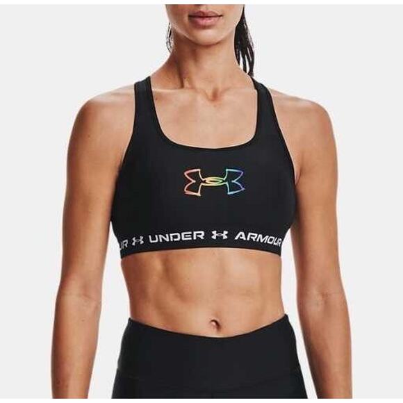 Under Armour Sports Bra Lot Women 2X Cross Back Mid Print Black Pink Compression - Picture 10 of 10